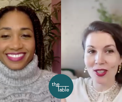 Split screen with Guru for Actors, Ajarae Coleman & Wealth-Creation Coach, Merel Kriegsman in front of a teal logo for The Table by Acting Resource Guru